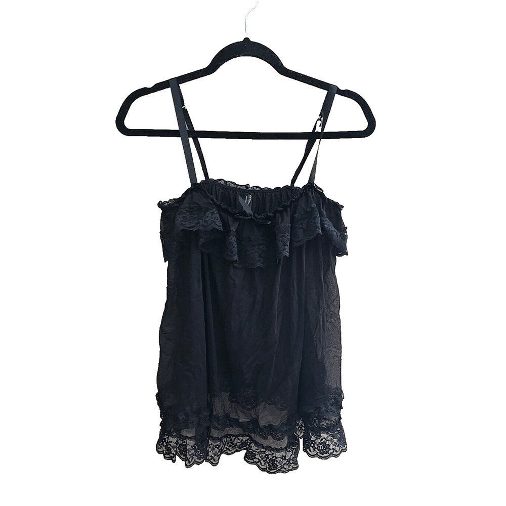 Victoria's Secret Black Floral Lace Trim Sheer Cami Top Womans Size Medium